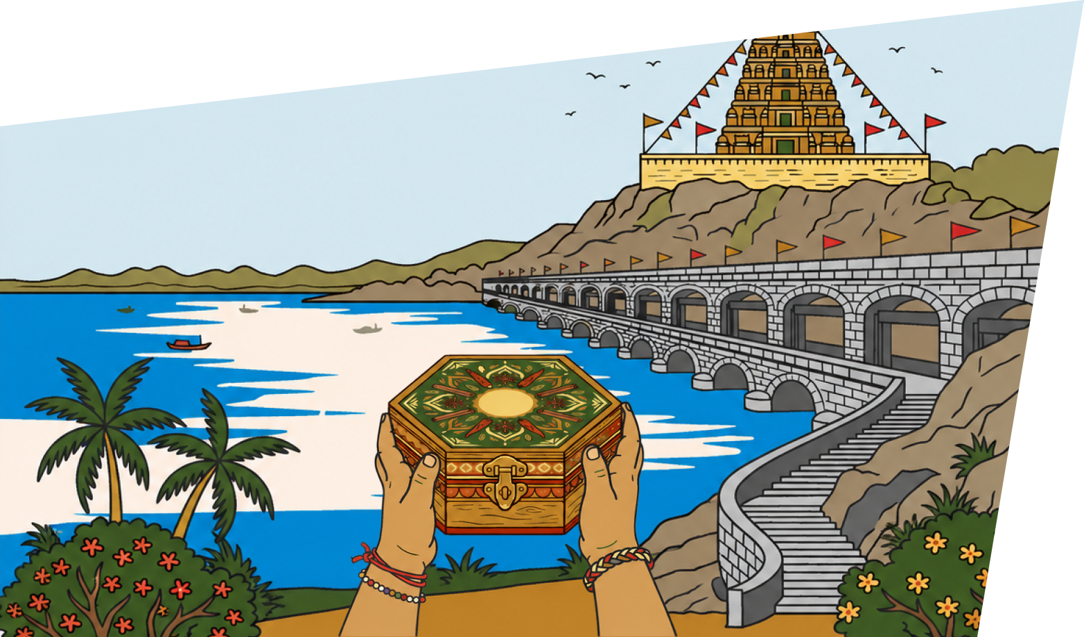 Carrying the spice box across the river bridge at Vijayawada