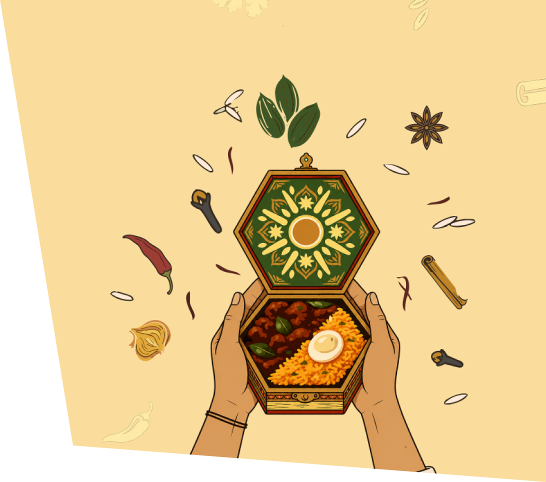 Hands opening the spice box full of biryani over scattered whole spices